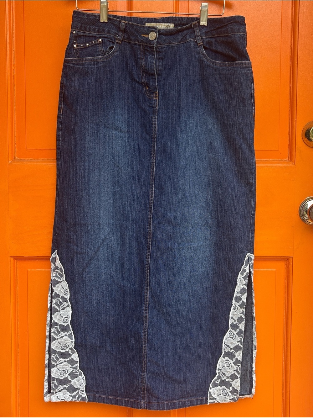 Dark Wash Denim Midi Skirt with White Lace details